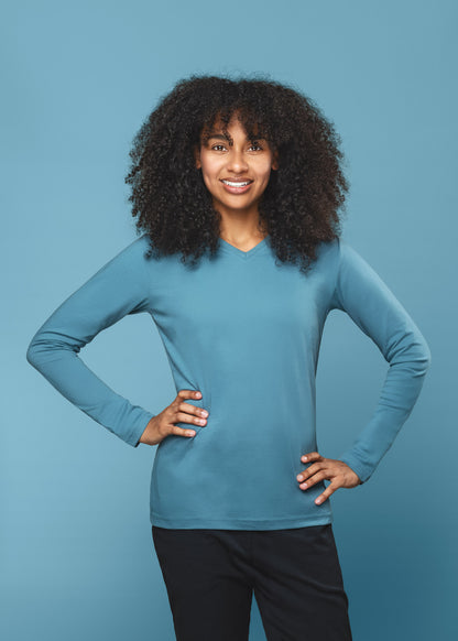 Damen Langarm T-Shirt 44152 mit V-Ausschnitt