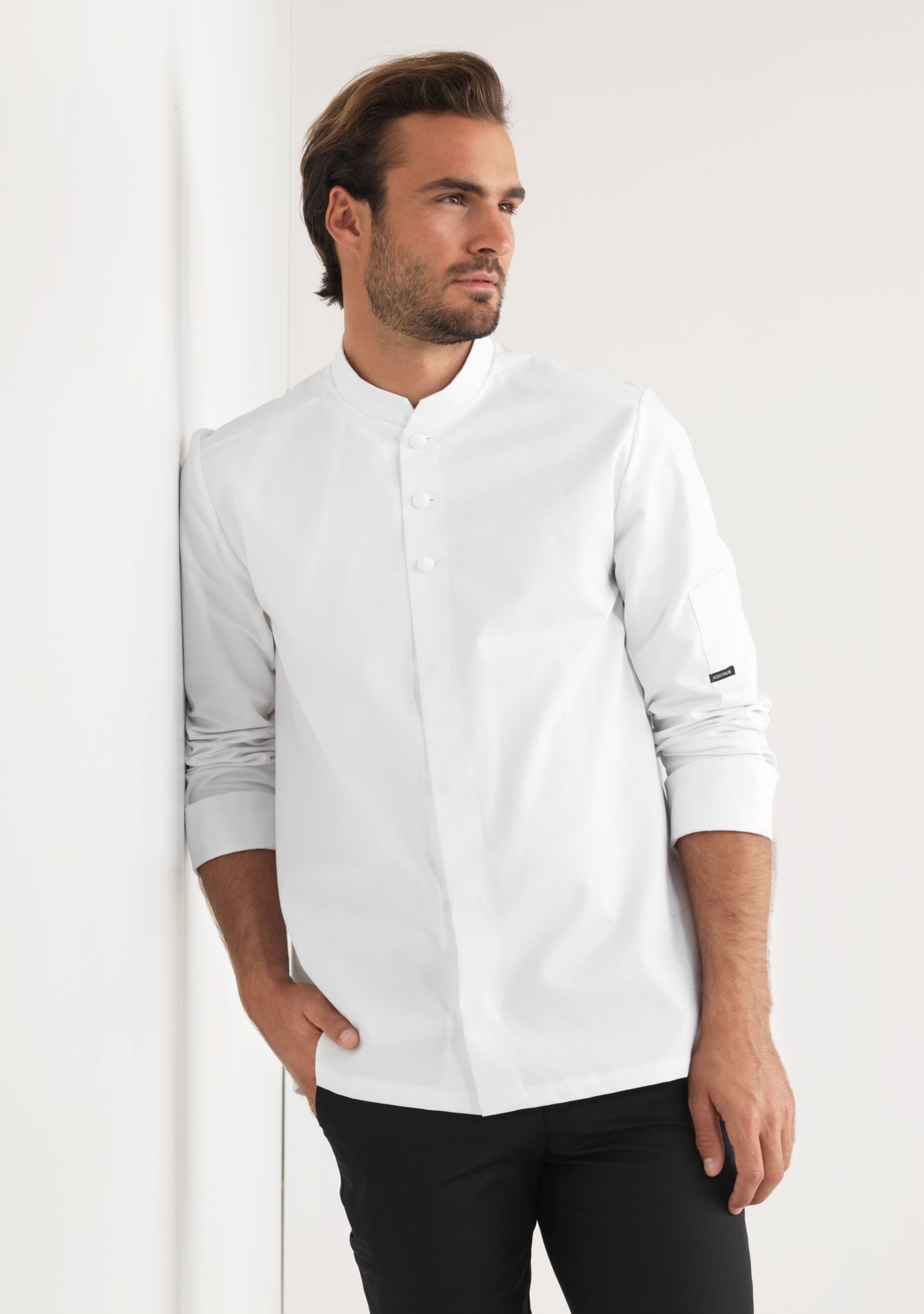 Unisex Küchenchef Stehkragen Shirt Button Langarm Kochjacken Arbeitskleidung Top 